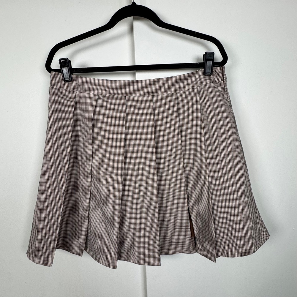 Extro & Vert Brown Houndstooth Pleated Mini Skirt Size 12 High Waist Preppy